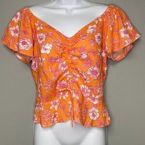 Orange Pink Smocked Flutter Sleeve Tropical Floral Y2K Ruffle Hem Women's Size M